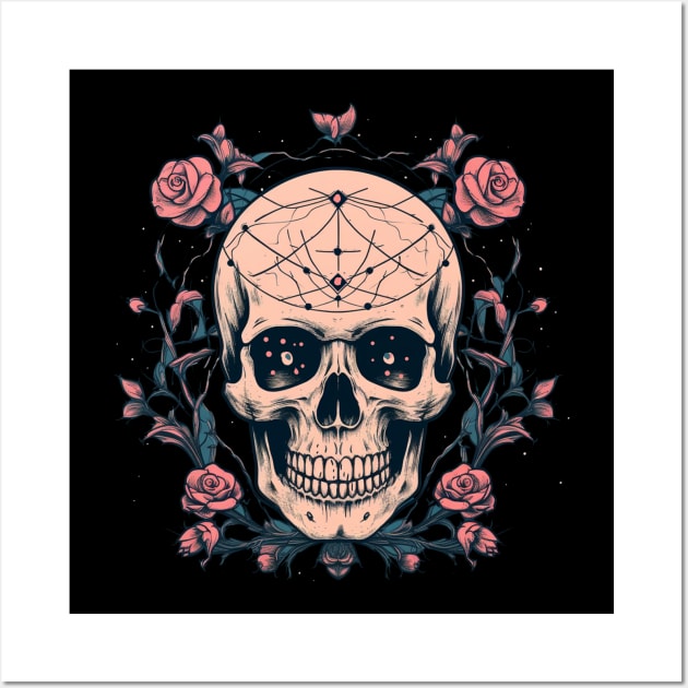 Skull and Roses with Spikes and Wiccan Symbols Wall Art by TOKEBI